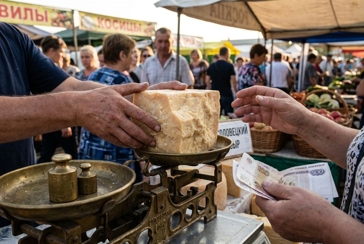 A close-up, dynamic photograph captures a vendor's hands weighing a large block of artisanal cheese on an old brass scale at a bustling Russian market stall, with a customer's hand reaching to exchange several Russian rouble banknotes. Warm, natural light illuminates the textures of the cheese and the market activity in the soft-focus background, composed for a 3:2 landscape frame.