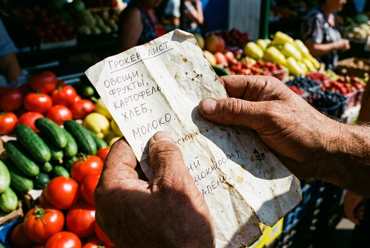 A high-contrast, extreme close-up of a person's hands, slightly weathered, tightly clutching a crumpled paper grocery list with Cyrillic writing, framed against the vibrant, blurred colors of fresh fruits and vegetables at a bustling Russian outdoor market, lit by strong, directional sunlight, composed for a 3:2 landscape frame.