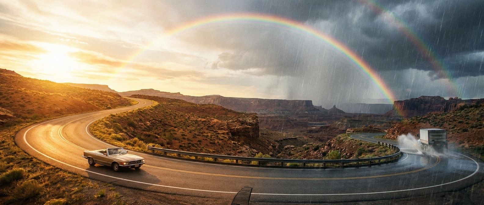 A stunning wide-angle photograph of a winding road cutting through a dramatic landscape, where one side of the scene is bathed in warm, golden sunlight and the other is experiencing a sudden, heavy downpour with a vibrant rainbow arching over, illustrating contrast and the flow of time.