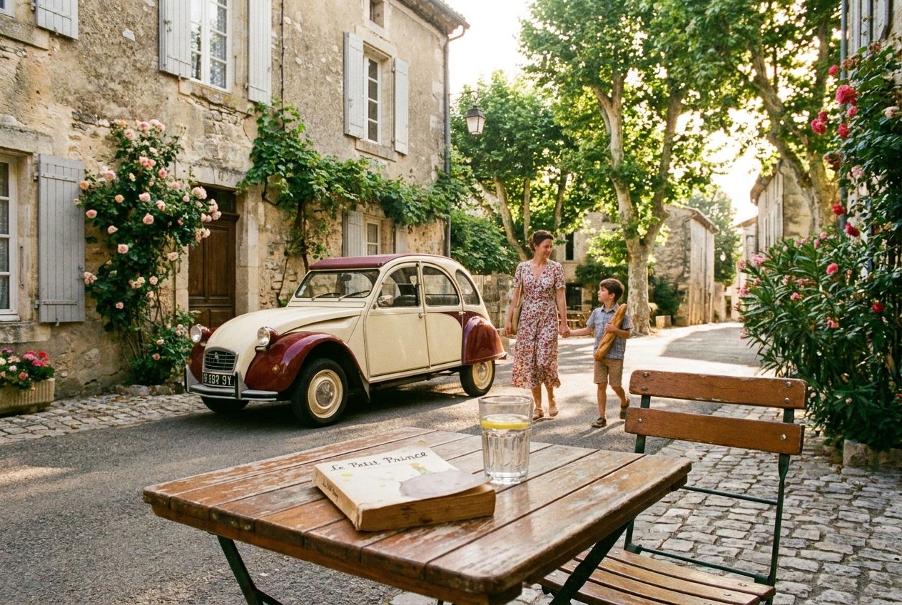 A charming, sun-drenched street scene in a picturesque French village, composed for a 3:2 landscape. In the foreground, a small outdoor cafe table with a book resting on it and a glass of water nearby. Further down the cobblestone street, a vintage French car is parked next to an old stone house, with a woman and a boy walking past, all bathed in warm afternoon light.