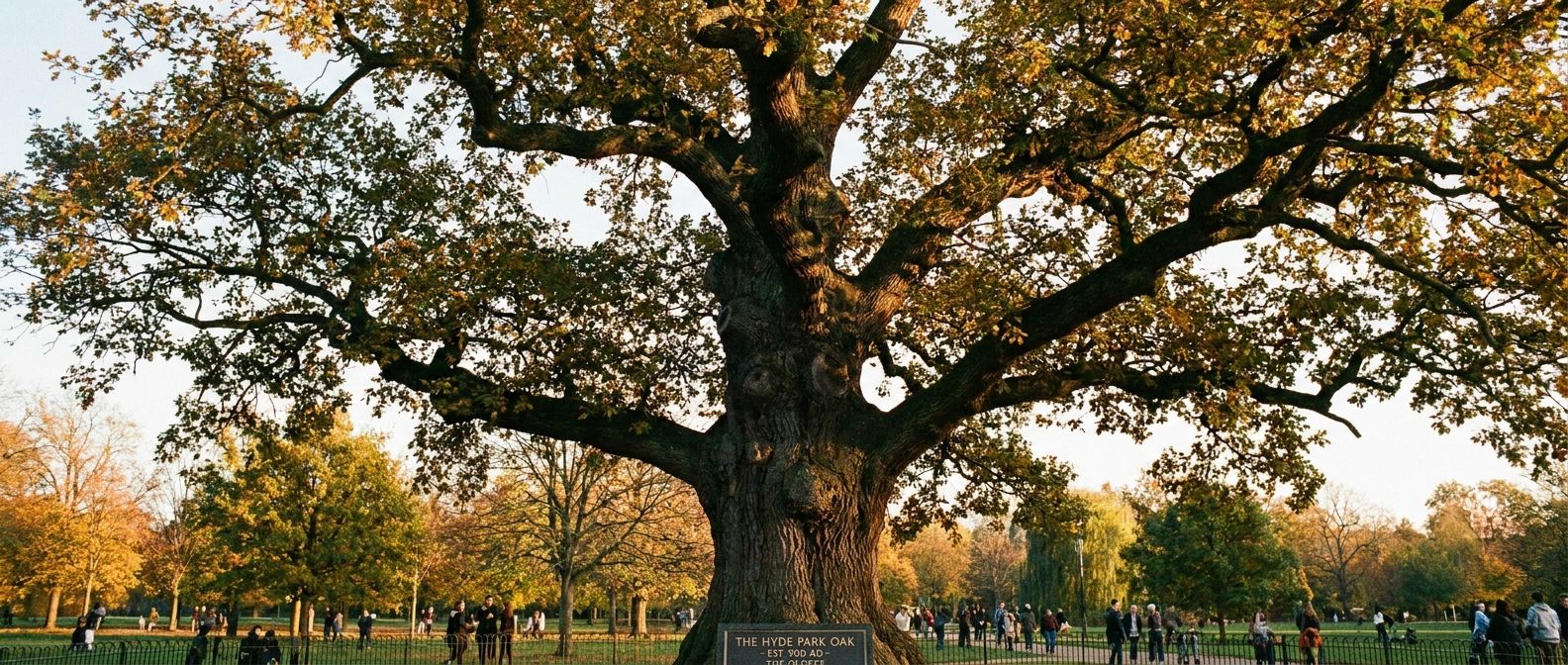 A wide-angle photograph of a single, exceptionally grand and ancient oak tree standing majestically in Hyde Park, London. Its enormous canopy dominates the frame, dwarfing smaller trees and people strolling in the background, bathed in golden hour light, representing the concept of "the biggest" or "the oldest" within a place.