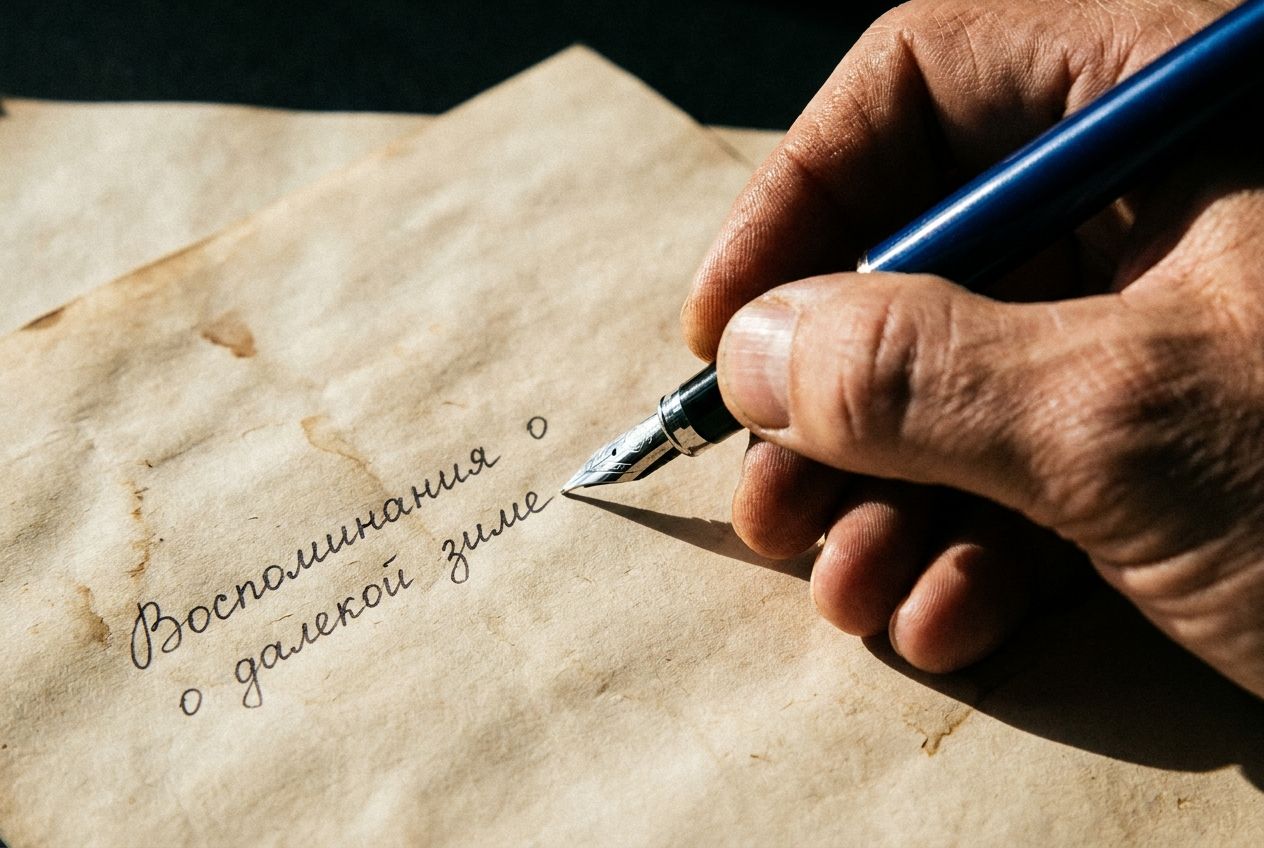 A stark, close-up photograph of a hand firmly holding a sleek blue pen, its tip just touching a sheet of aged paper with faint, elegant Cyrillic script. Sharp, focused light emphasizes the texture of the paper and the metallic gleam of the pen, casting subtle shadows in a 3:2 landscape frame.