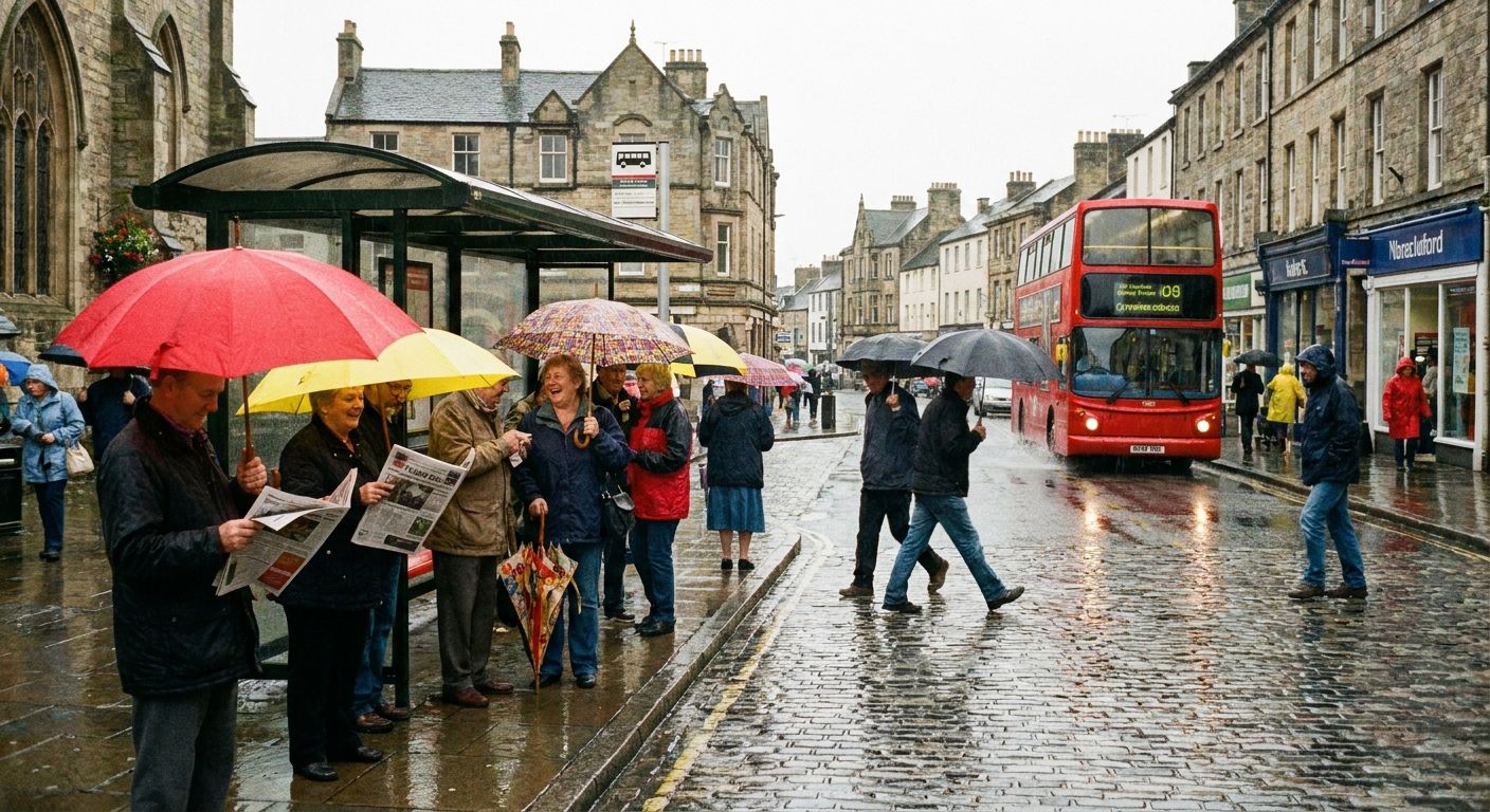A candid photograph of a lively street scene in a charming British town on a rainy day. People under colorful umbrellas are waiting at a bus stop, some are reading, others are chatting, and a few are hurrying past, all captured in the soft, diffused light, emphasizing ongoing action.