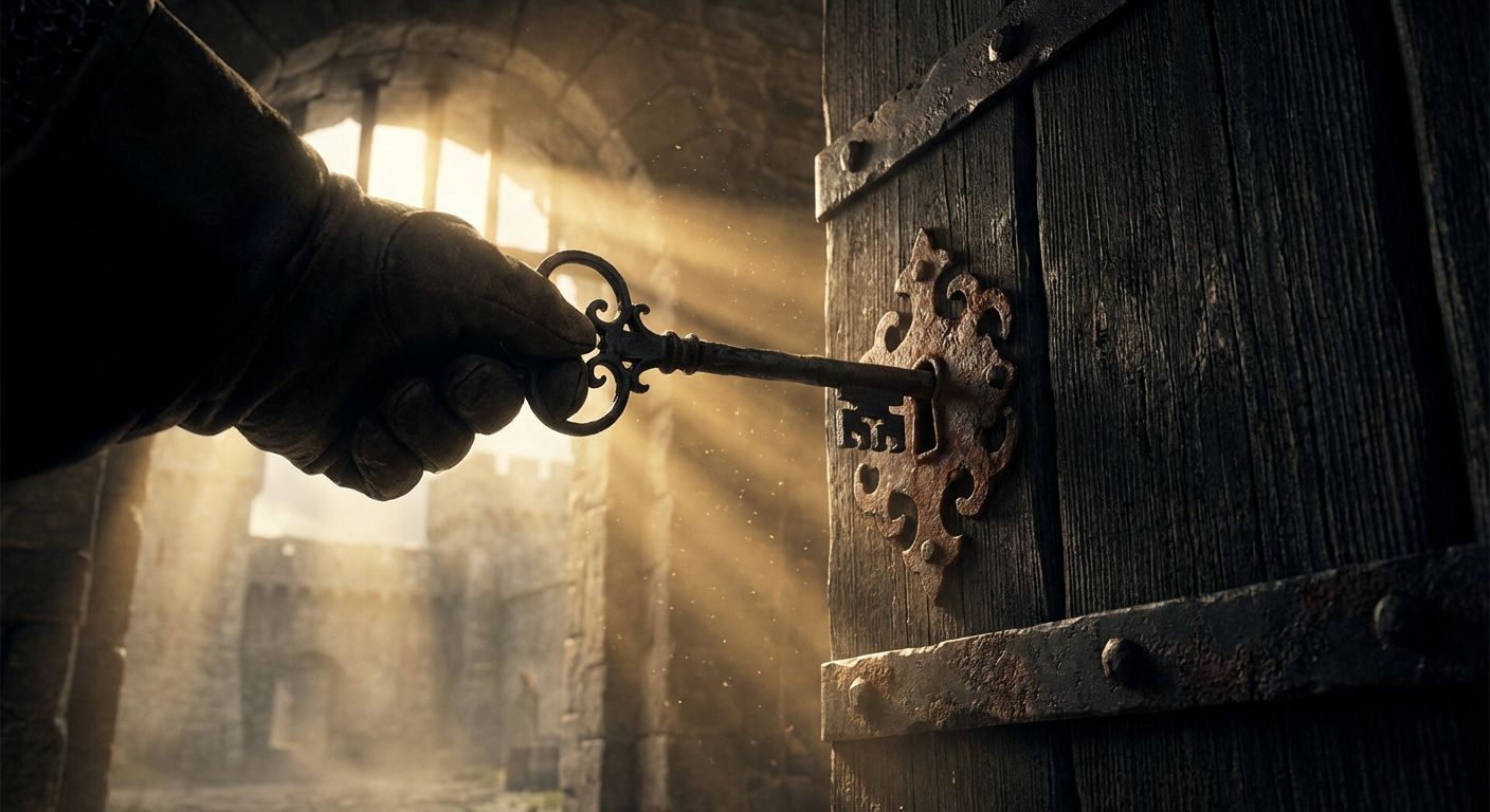 A dramatic, low-angle photograph of a massive, ornate iron key being turned in a weathered, intricate lock on a heavy, imposing wooden gate. Shafts of golden light stream through the background, illuminating dust motes and hinting at a profound, irreversible shift in power and authority.