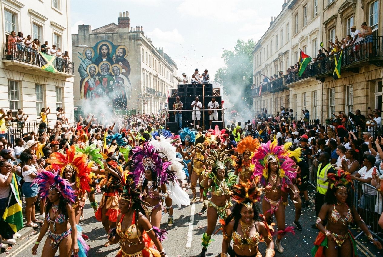 A dynamic, wide-angle photograph capturing the vibrant energy of Bristol's St Paul's Carnival, with people in colourful Afro-Caribbean costumes dancing in the street, surrounded by cheerful crowds and historic Bristol architecture. The scene is full of movement and cultural celebration under bright daylight, composed for a 3:2 landscape frame.