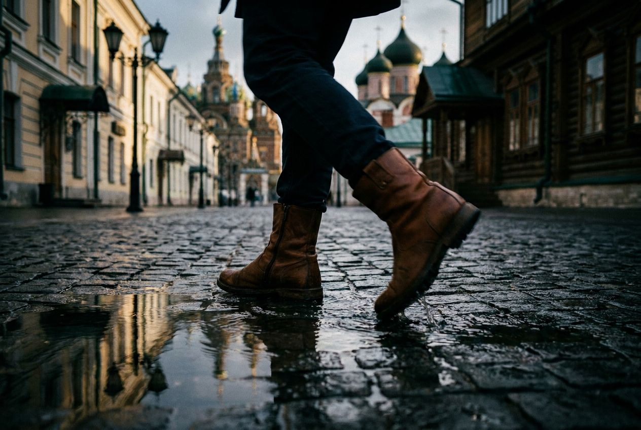 A dynamic close-up photograph of a person's legs and feet, mid-stride, as they walk briskly along a wet, reflective cobblestone street in a historic Russian city. The rhythmic motion is subtly blurred, with hints of ornate, traditional Russian architecture visible in the softly blurred background. Dramatic, moody light with deep shadows, composed for a 3:2 landscape frame.