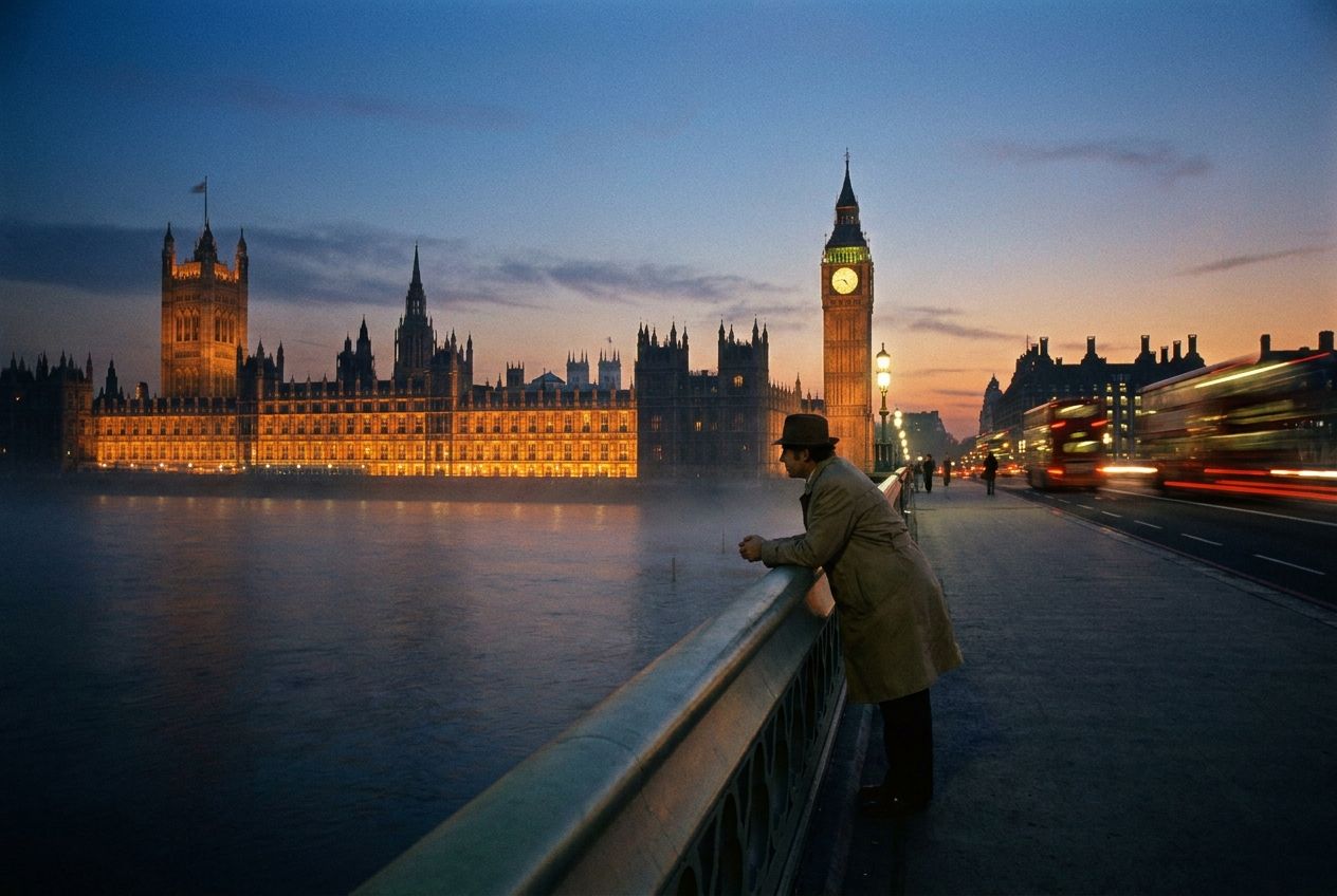 A contemplative figure stands on a bridge at dusk, looking out over the River Thames towards the illuminated Houses of Parliament and Big Ben, evoking a sense of reflection on past experiences and memories of time spent in London. This vivid photograph captures the iconic architecture in a beautiful 3:2 landscape shot.
