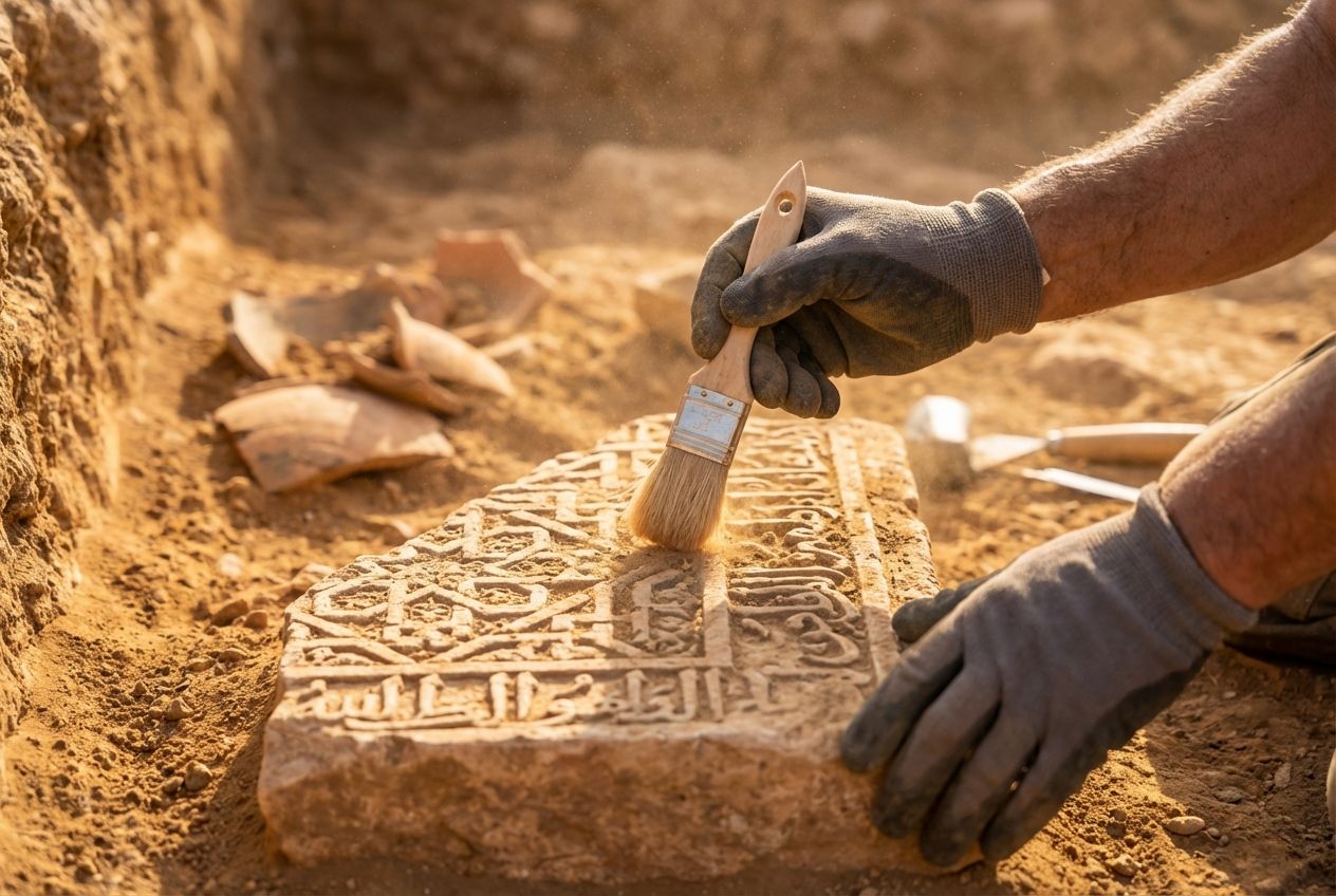 A close-up, dramatic photograph of an archeologist's hands carefully brushing sand from an intricately carved ancient Roman or Moorish artifact unearthed in a sun-drenched Spanish excavation site. The focus is on the delicate process of revealing complex patterns and symbols, with sunlight highlighting dust particles and the textured surface of the artifact, composed for a 3:2 landscape frame.