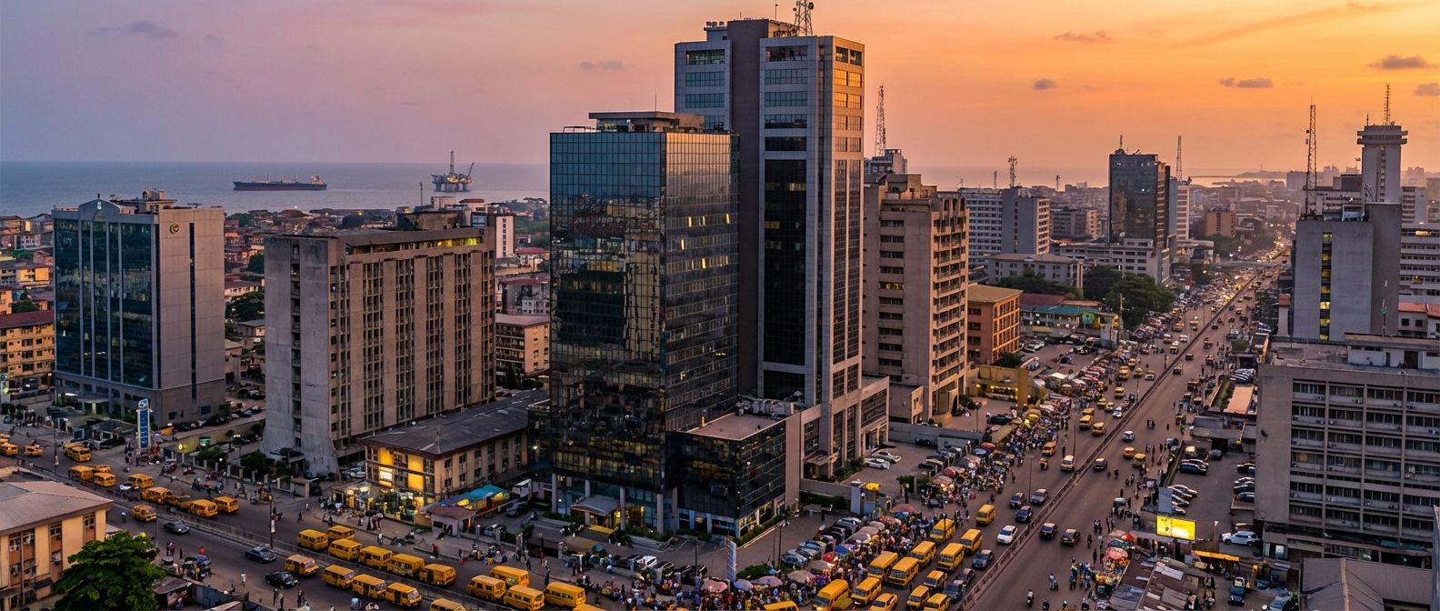 A vibrant, wide-angle photograph of a modern Nigerian city skyline at sunset, with bustling streets and contemporary architecture. In the distance towards the coast, a large offshore oil rig or a cargo ship is subtly visible, reflecting Nigeria's key economic drivers and its location on the Atlantic. The scene is filled with dynamic energy and captured with rich, warm lighting.