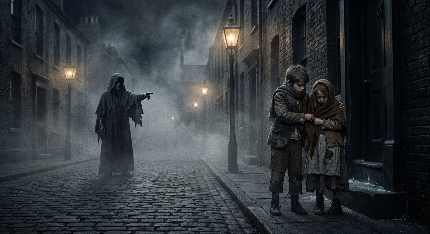 A dramatic, wide-angle photograph of a desolate, foggy Victorian London street at night. In the foreground, two ragged, cold children, a boy and a girl, huddle together for warmth, their faces etched with hardship. Looming silently in the misty background, a tall, dark, cloaked phantom figure points ominously towards them, its face hidden.