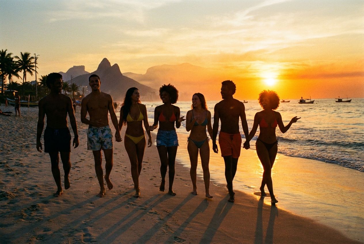A vibrant photograph of a diverse group of friends walking along a beautiful Brazilian beach at sunset, their silhouettes cast against the golden light, suggesting shared experiences and memories from the day. The scene should evoke a sense of camaraderie and reflection on past events, composed for a 3:2 landscape frame.