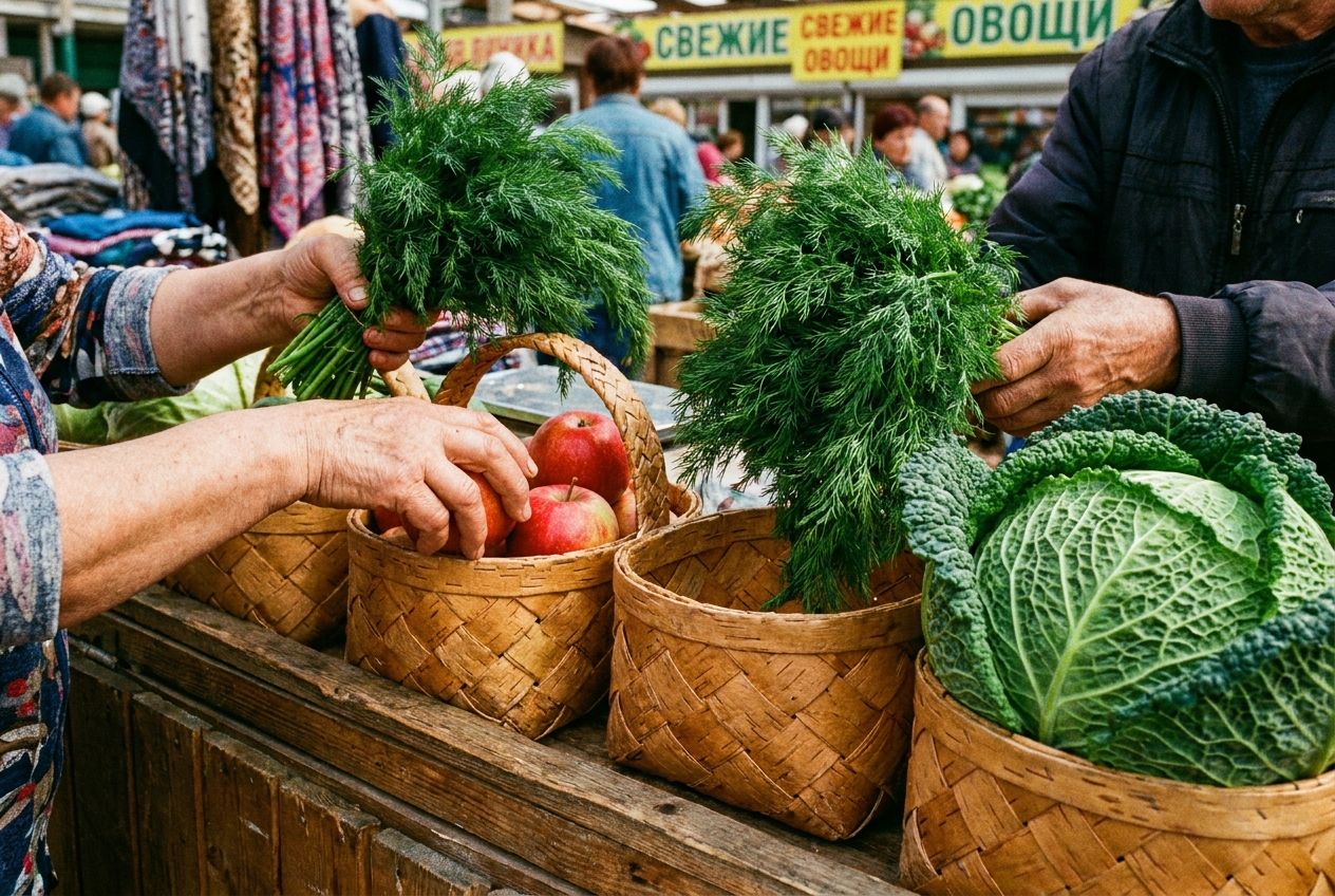 A close-up photograph of a market vendor's hands meticulously arranging different quantities of vibrant, fresh Russian produce (e.g., one large cabbage, two bunches of dill, three red apples) into separate, rustic baskets on a wooden stall, under warm natural light, in a bustling Russian market. The scene captures the tactile detail and rich colours, composed for a 3:2 landscape frame.