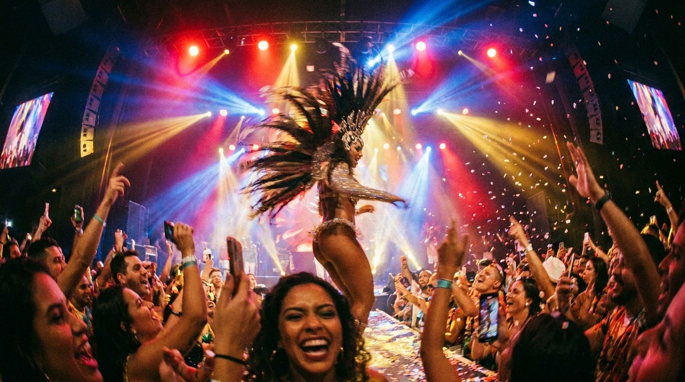 A high-energy, wide-angle photograph capturing a vibrant Brazilian samba dancer in motion on a brightly lit stage, seen from the perspective of the audience. The stage is bathed in dynamic spotlights, with the enthusiastic, blurred faces of the crowd visible in the foreground, conveying the excitement of a live cultural performance.