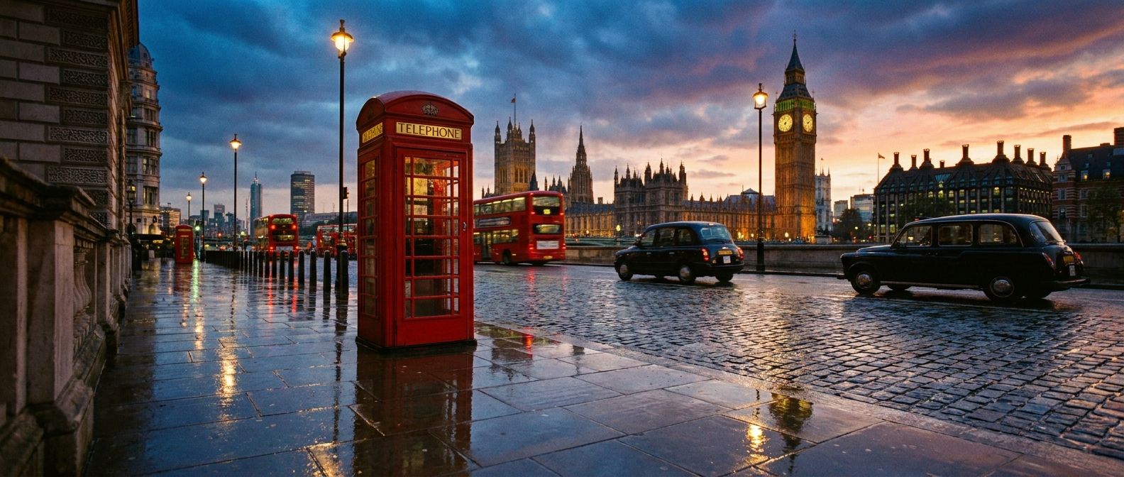 A dramatic wide-angle photograph of a classic red British telephone booth standing on a wet, reflective cobblestone street in London at dusk. Historical buildings are softly illuminated in the background, creating a timeless and slightly nostalgic atmosphere.