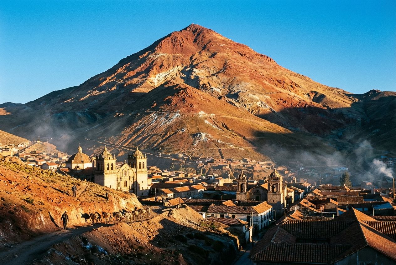 A dramatic wide-angle photograph of the Cerro Rico mountain in Potosí, Bolivia, at sunrise, casting long shadows over the historic colonial city nestled at its base. The mountain slopes subtly reveal the sparkle of exposed silver ore, symbolizing the immense wealth and economic foundation of the Spanish Empire. The scene is vivid and majestic, composed for a 3:2 landscape frame.