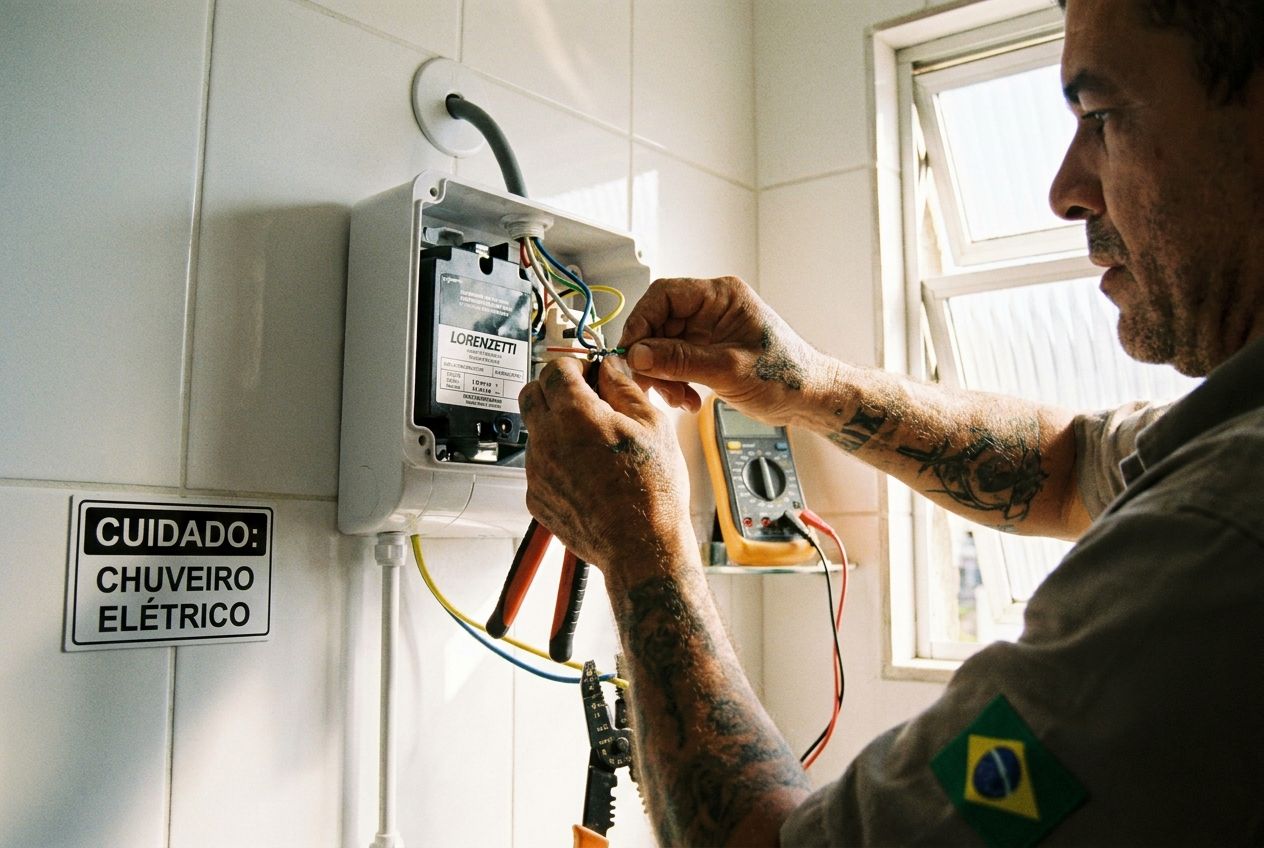 A skilled Brazilian electrician, mid-action, meticulously repairing an electric shower (chuveiro elétrico) in a bright, clean bathroom. Focus on the electrician's hands and tools, with the shower fixture prominently featured, captured in a realistic photographic style for a 3:2 landscape frame.