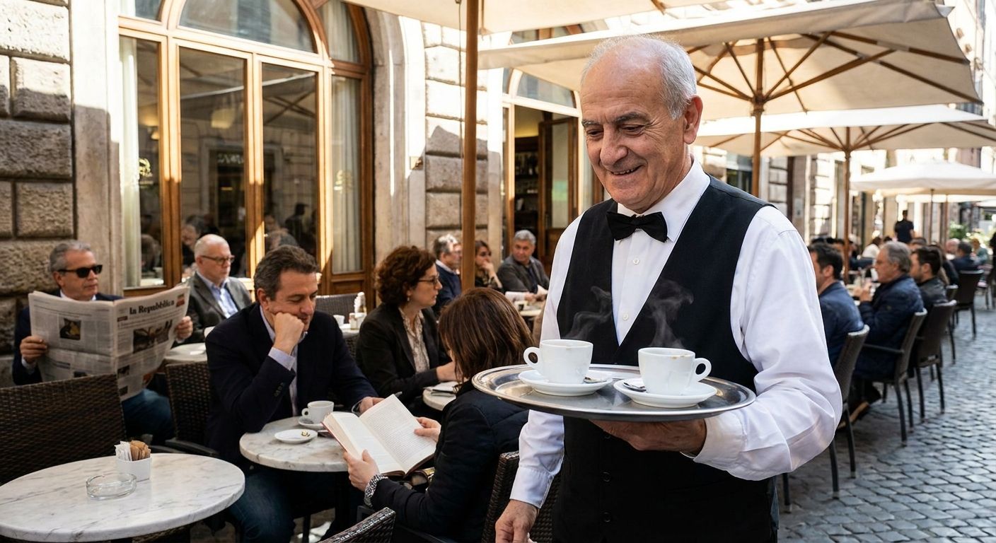 A professional Italian waiter in a crisp white shirt expertly carries a tray of two steaming espresso cups through a sun-drenched, bustling cafe in a historic Italian city. Patrons are visible in the background, some engaged in lively conversation, others quietly reading newspapers or books, creating a vibrant scene of daily work and study.