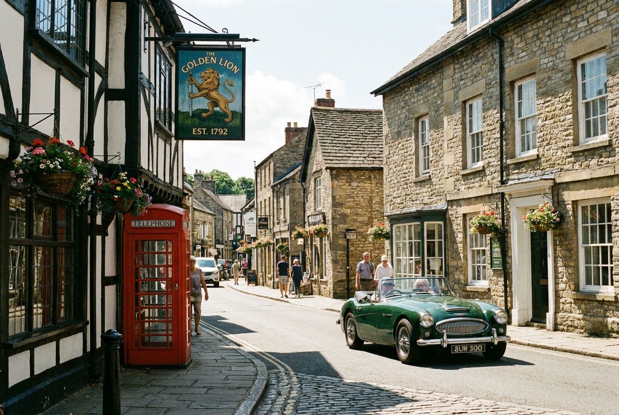 A vibrant street scene in a quaint British town, featuring an old, charming pub sign next to a bright red telephone booth, with a classic car driving past. The image is a vivid, high-contrast photograph taken on a sunny day, composed for a 3:2 landscape frame.