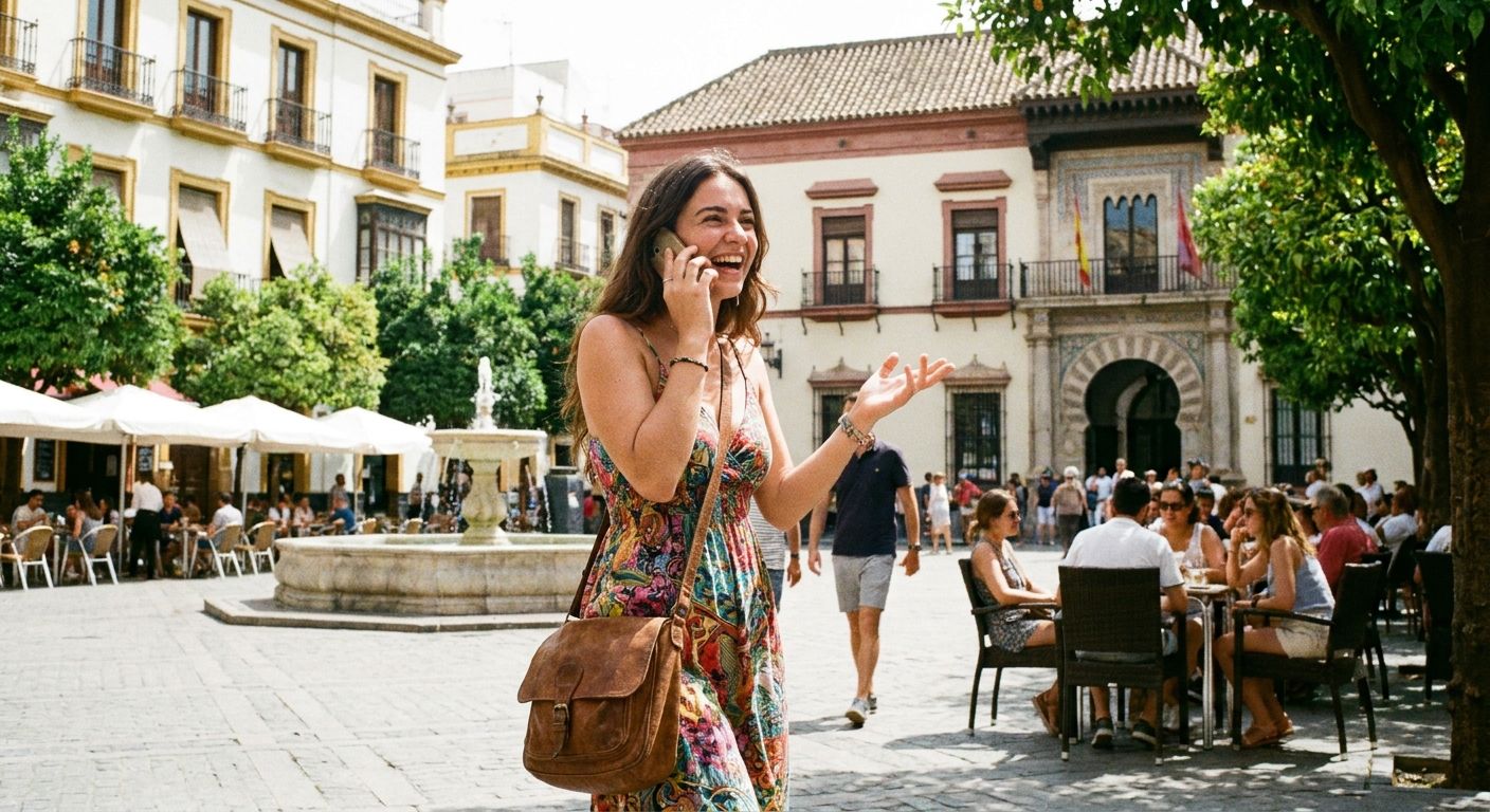 A candid photograph of a young woman smiling and gesturing animatedly while talking on her smartphone, walking through a vibrant, sun-drenched plaza in a Spanish city. In the background, historic architecture and people enjoying outdoor cafes create a lively atmosphere, suggesting social plans being made.