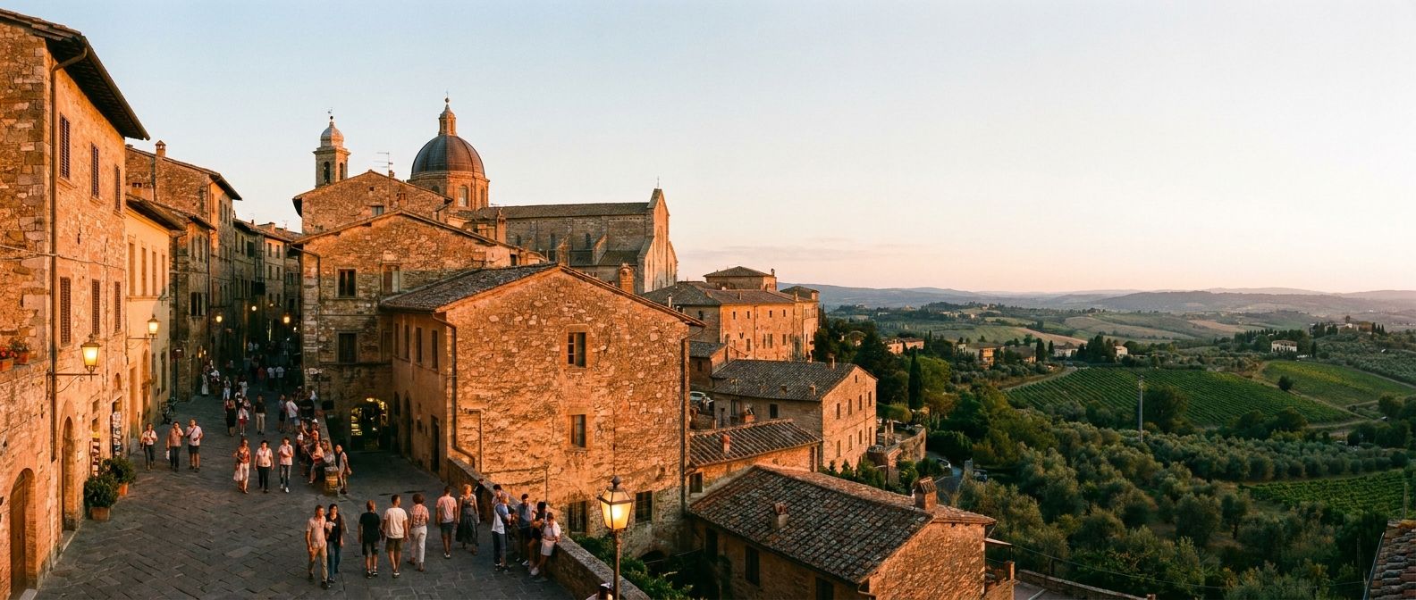 A wide, picturesque view of a historic Italian town at golden hour, with the setting sun casting warm light on ancient buildings and cobblestone streets, as a few distant streetlights begin to glow and people enjoy the evening passeggiata.