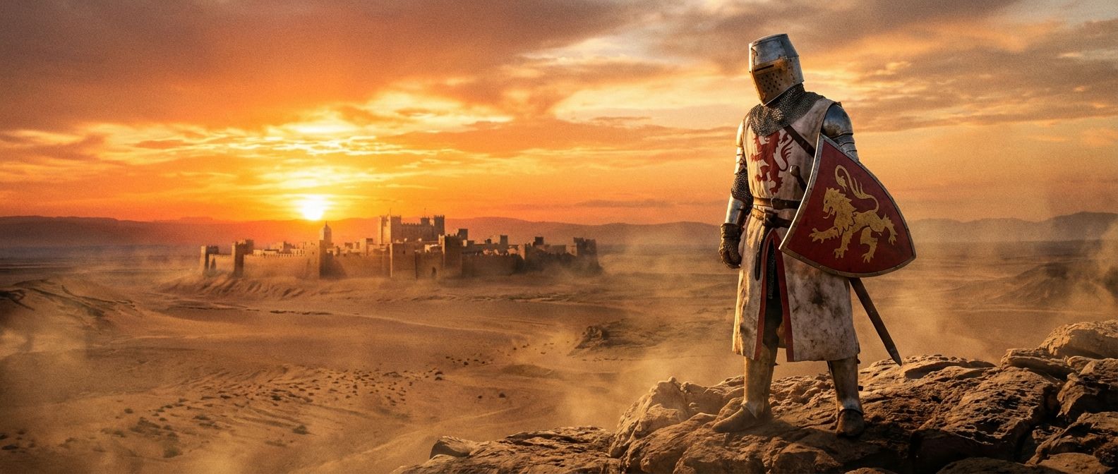 A dramatic, wide-angle photograph of a formidable English crusader knight, fully armored with a lion motif on his shield, standing resolutely on a rocky outcrop overlooking a vast, sun-drenched desert landscape with a distant, fortified medieval city on the horizon. The scene is bathed in golden hour light, evoking the grandeur and conflict of the Third Crusade.