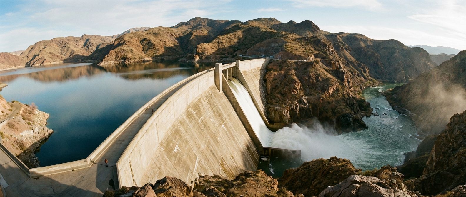 A dramatic wide-angle photograph of a massive concrete dam, its colossal wall slicing through a rugged, sun-drenched landscape. On one side, a vast, tranquil reservoir reflects the sky, while on the other, a river flows, illustrating the immense scale of human intervention for water supply and management.