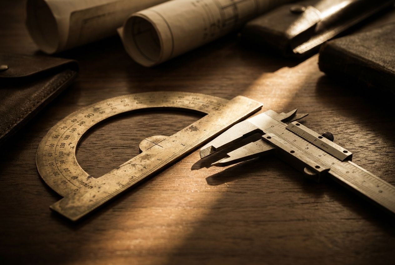 A dramatic close-up, 3:2 landscape photograph of a vintage brass protractor and compass meticulously arranged on a dark, polished wooden surface, with a single, sharp beam of sunlight cutting across them, highlighting their intricate details and casting long shadows. The scene evokes precision and foundational geometry.