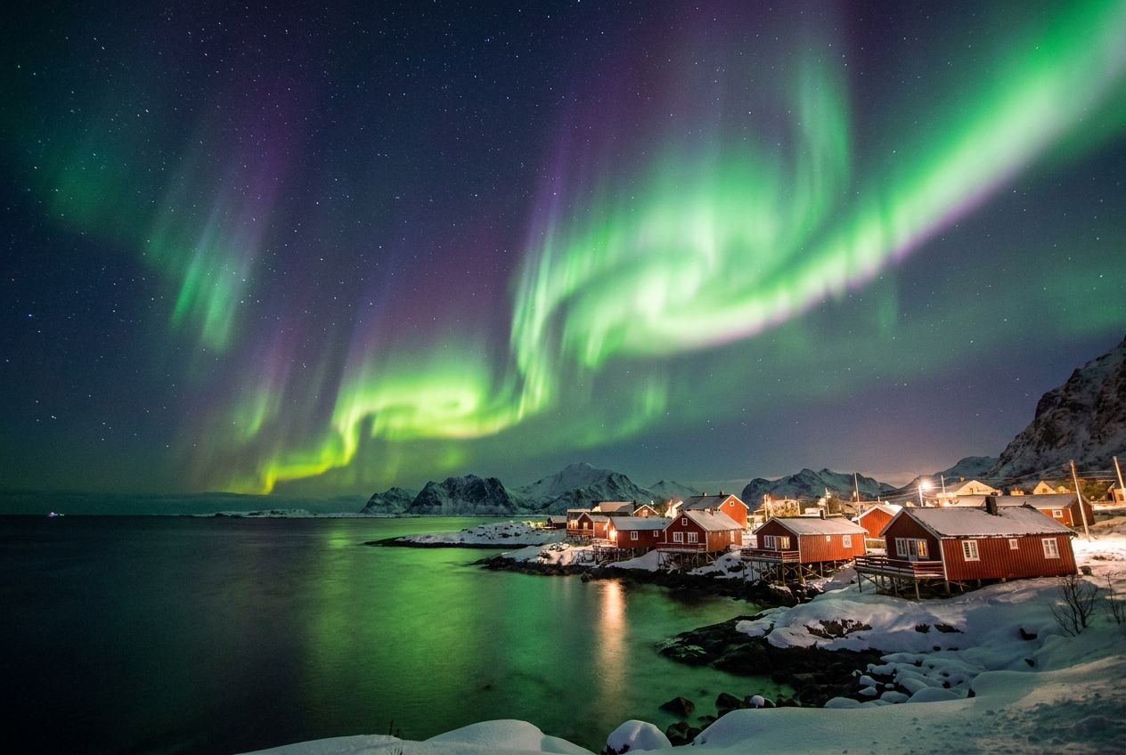 A stunning long-exposure photograph captures the vibrant green and purple Northern Lights dancing majestically above traditional red fishing huts (rorbuer) nestled along the snow-dusted coastline of the Lofoten Islands, Norway. The dramatic, serene scene is illuminated by the aurora's glow under a dark, starry sky, composed for a wide, horizontal 3:2 frame.