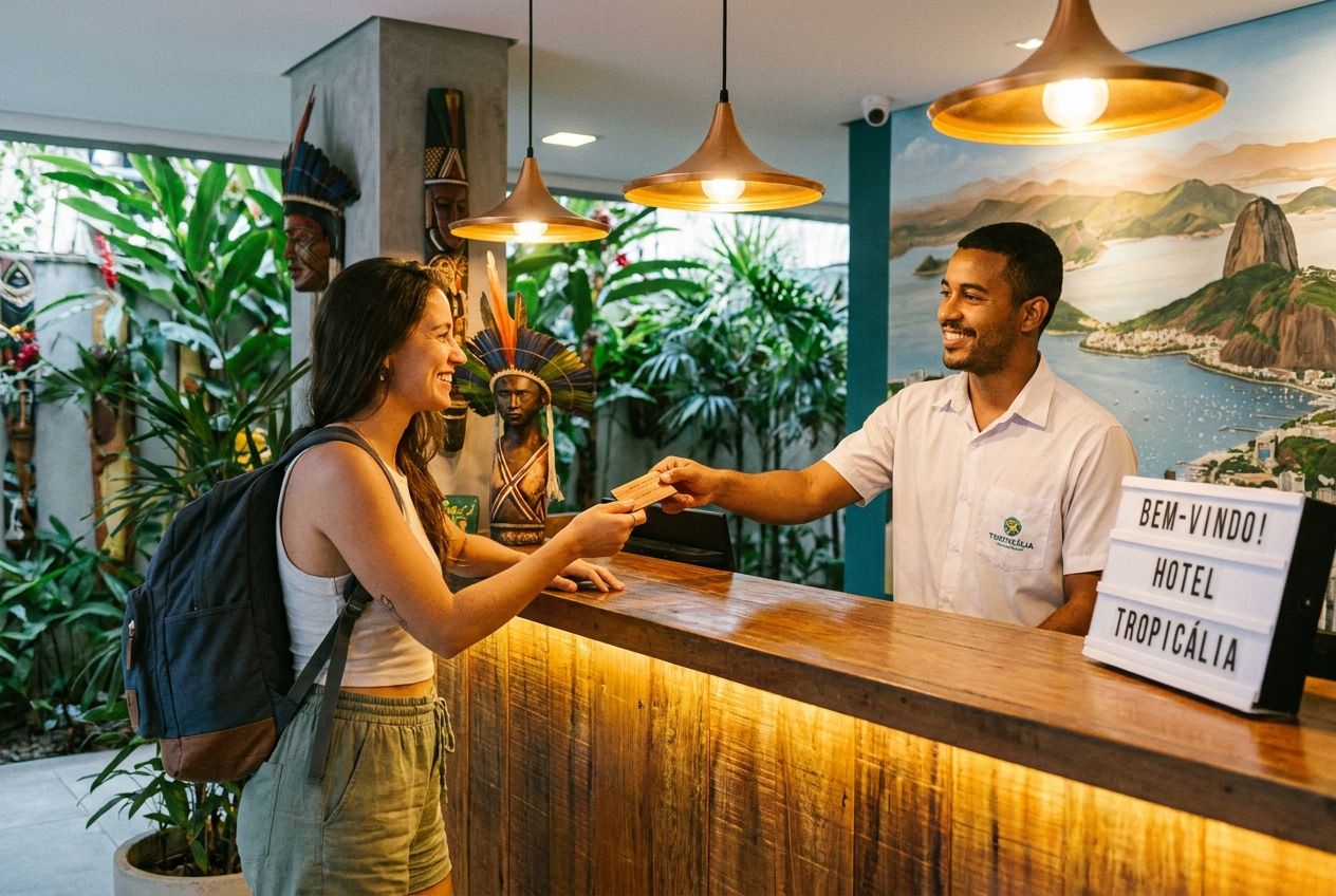 A vibrant, eye-level photograph capturing a traveler checking in at a stylish hotel reception desk in Brazil. The traveler is smiling, receiving a modern keycard from a friendly receptionist, with warm, inviting lighting highlighting the polished wooden counter and subtle Brazilian decor in the background, composed for a 3:2 landscape frame.