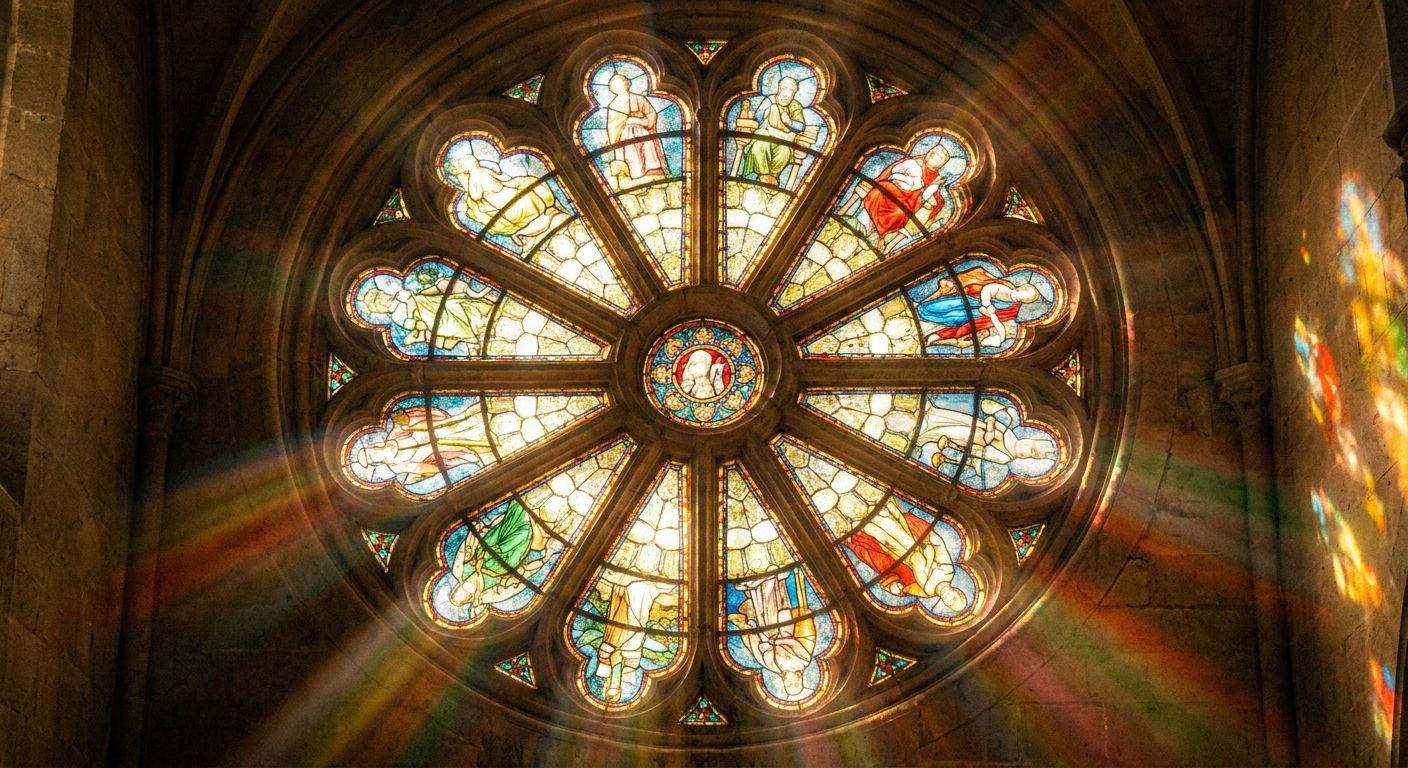 A close-up, dramatic photograph of a large, intricate circular stained-glass window, divided into twelve distinct, brightly colored panels. Each panel subtly depicts a different symbolic scene representing an area of human life, illuminated by warm sunlight streaming through, creating vibrant patterns of light and shadow.