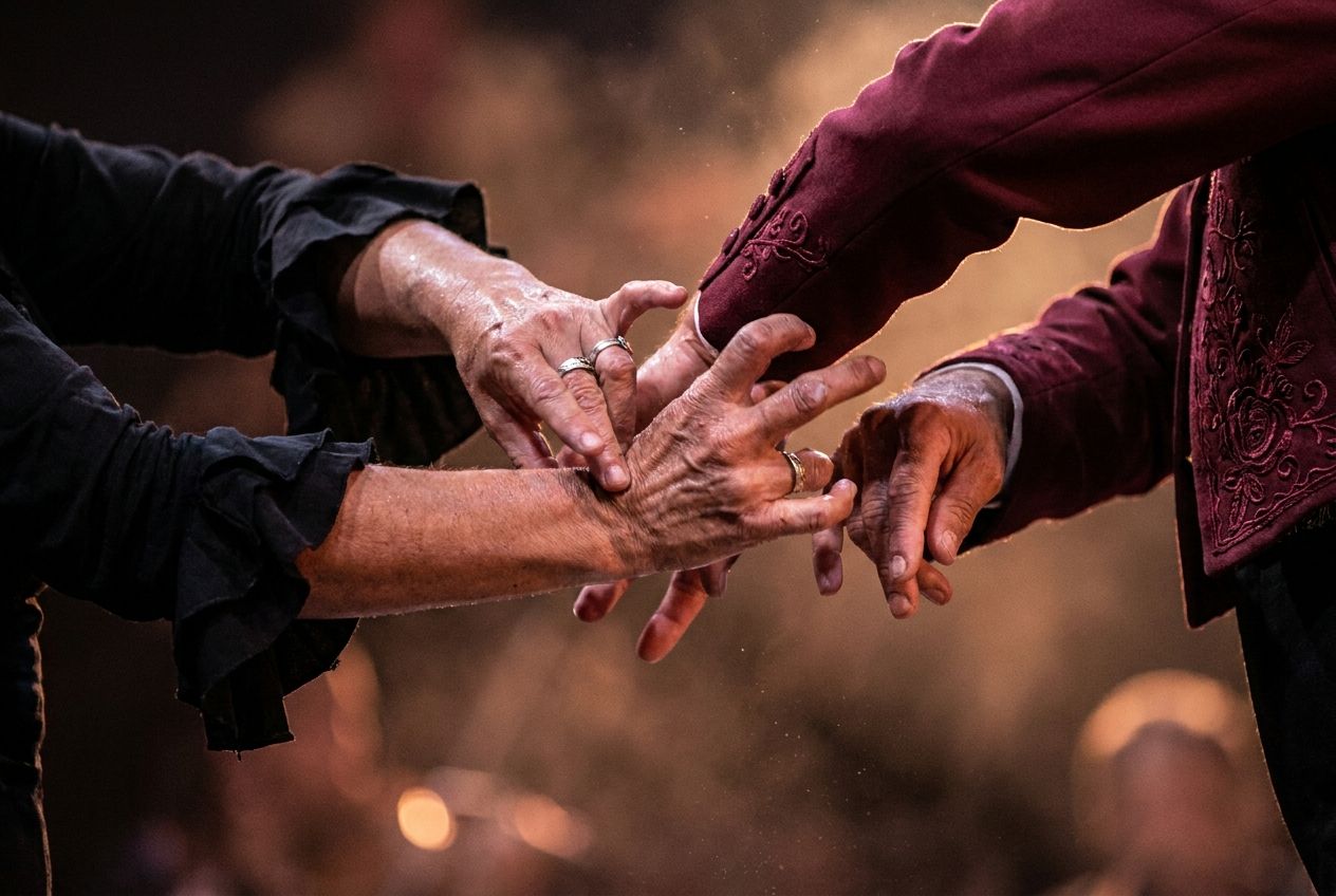 A dramatic, close-up photograph capturing the intricate, expressive hand and arm movements of two flamenco dancers mid-performance, their gestures intertwined as if in a passionate, non-verbal dialogue. The image emphasizes the subtle cues and responsive flow between them, with a blurred, atmospheric background, composed for a 3:2 landscape frame.