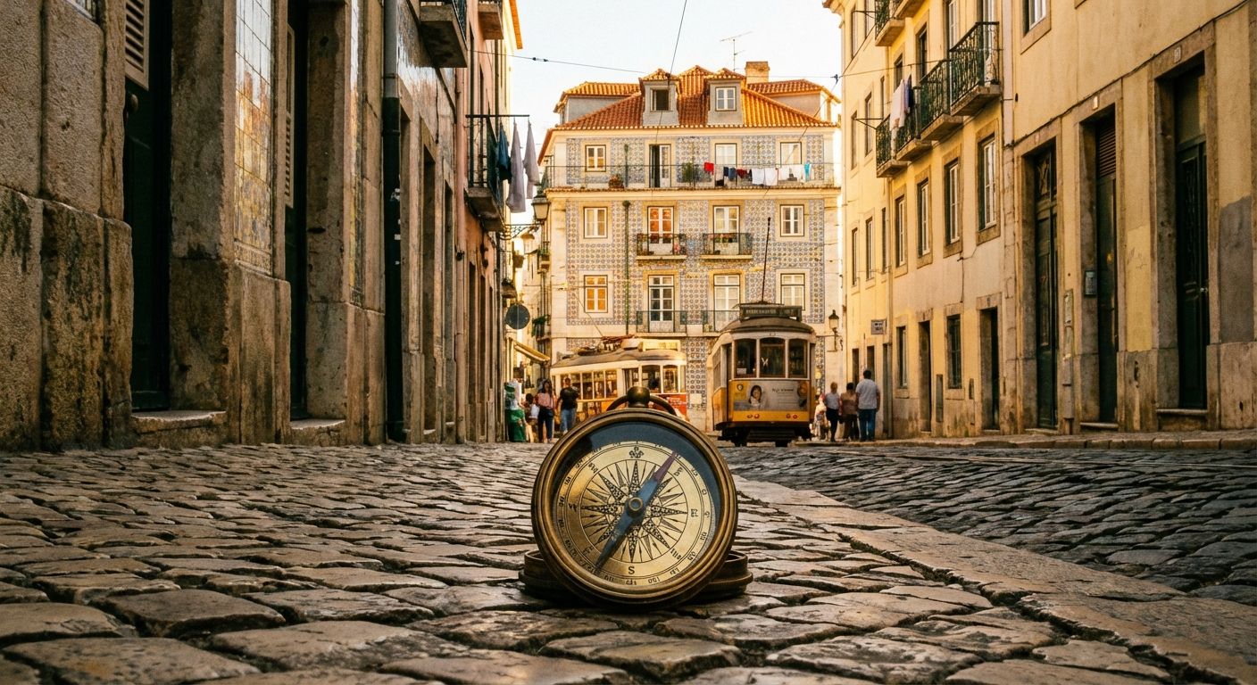 A cobblestone street in Lisbon, Portugal, bathed in warm afternoon light. A vintage compass rests on the weathered stones, pointing towards a distant, colorful building.