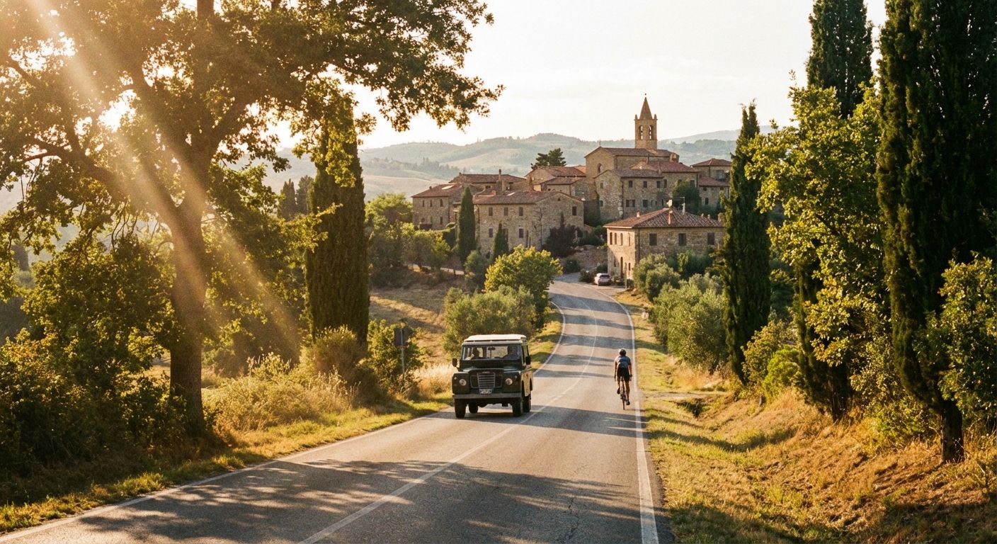 A vivid, sun-drenched photograph of a winding rural road stretching into the distance towards a charming village nestled in rolling hills. Sunlight filters through scattered trees along the path, creating a sense of a purposeful journey.