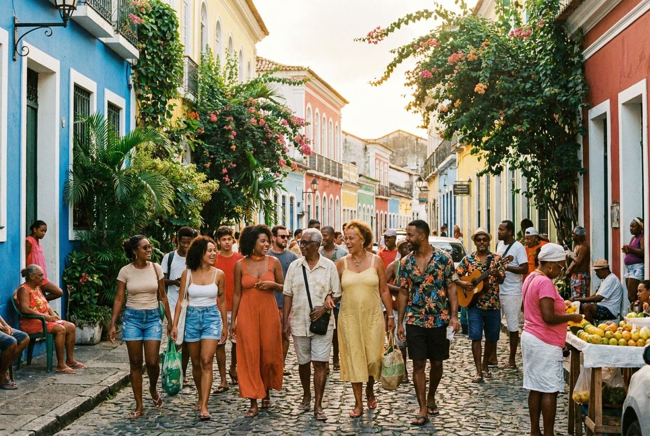 A group of diverse people, young and old, walking together down a vibrant, sun-drenched street in a Brazilian city, their relaxed stride suggesting everyday journeys. Colorful colonial architecture and lush tropical plants line the background, creating a lively and authentic atmosphere in a 3:2 landscape photograph.