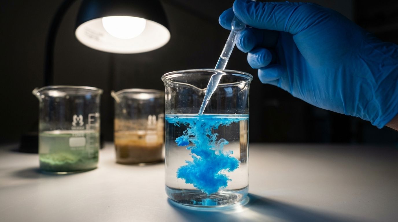 Dramatic close-up, wide-angle photograph of a gloved hand carefully adding drops from a pipette into a glass beaker, causing a vibrant, swirling blue precipitate to instantly form and diffuse through the clear liquid. In the slightly blurred background, other beakers show distinct green and brown precipitates, all bathed in bright, focused laboratory light.
