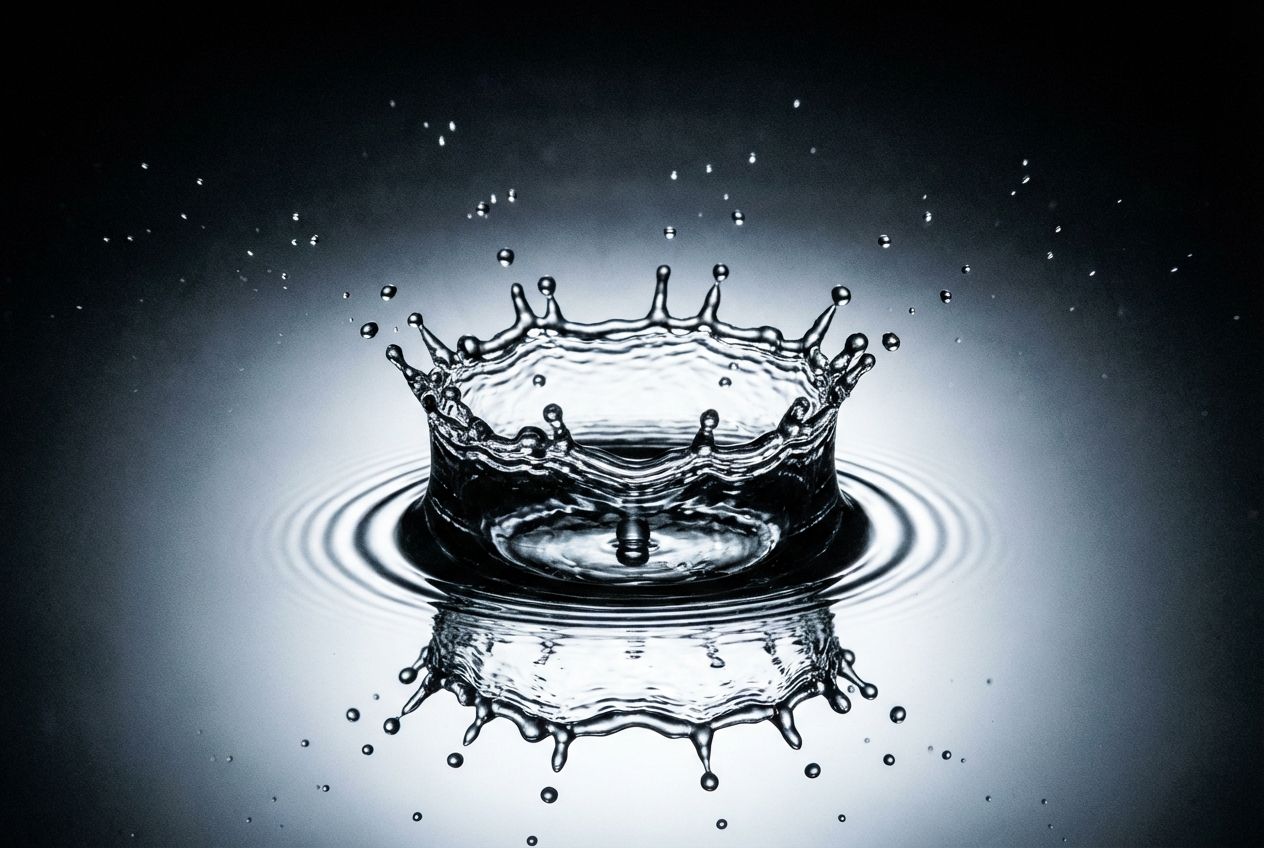 A dynamic, high-speed photograph of a single, perfectly formed water droplet just as it impacts a still surface, creating a symmetrical splash crown and ripples. The scene is lit with dramatic backlighting, making the water translucent and highlighting the intricate patterns of energy transfer, composed for a 3:2 landscape frame.
