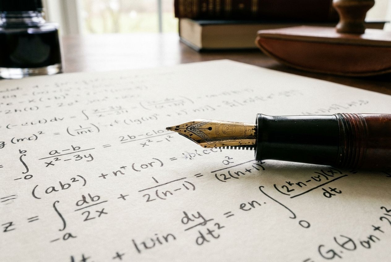 A close-up photograph of a vintage fountain pen resting on a crisp sheet of paper covered in handwritten algebraic equations, with emphasis on the interplay between numbers and symbols. The lighting should be soft and academic, highlighting the texture of the paper and the details of the pen's nib, conveying the precision and elegance of mathematical proof.