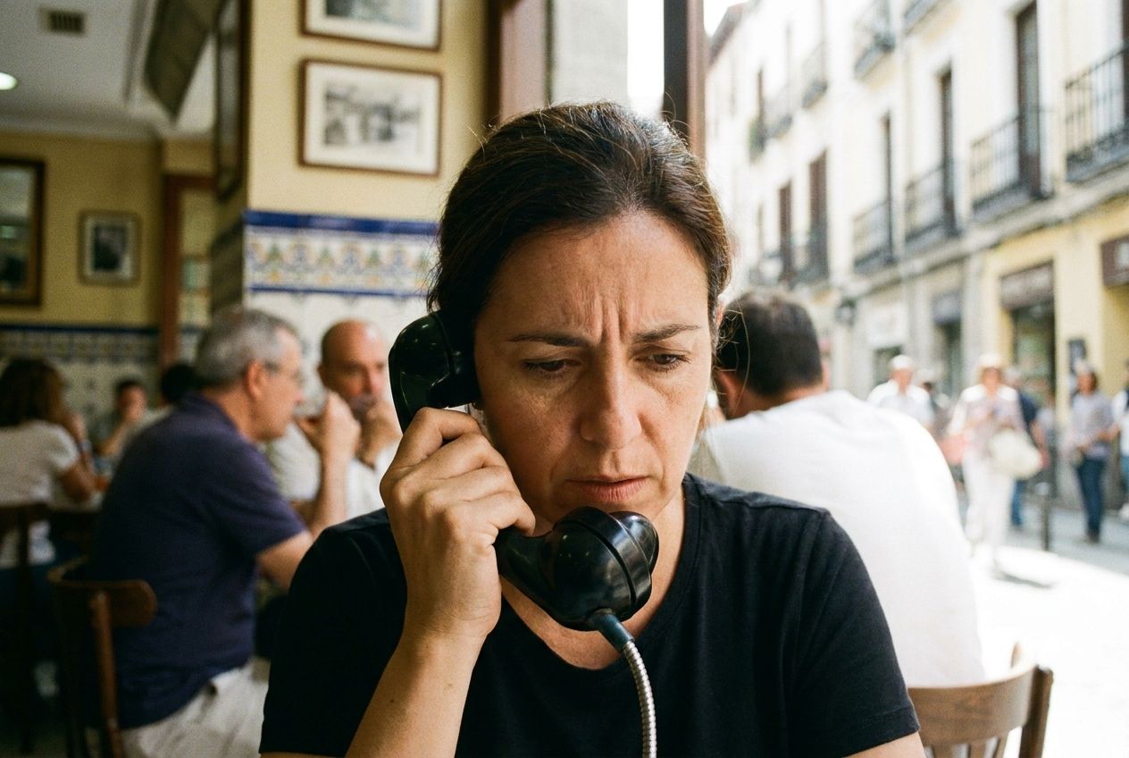 A vivid photograph of a person with Spanish features, intently listening into a classic telephone receiver, their face showing deep concentration. The background is a softly blurred, sunlit scene of a bustling Spanish street or a warm, traditionally decorated Spanish cafe, composed for a 3:2 landscape frame.