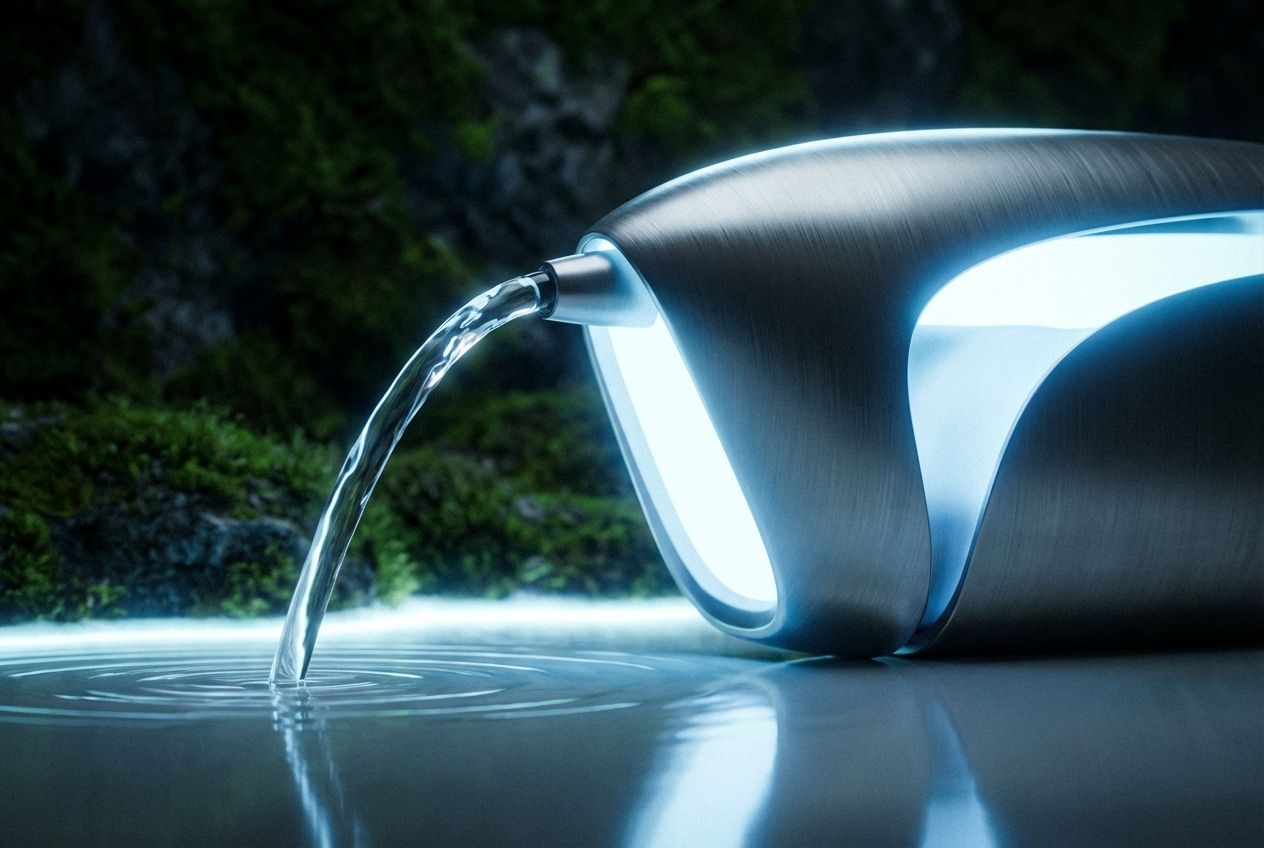 A dramatic close-up photograph of a sleek, metallic, futuristic hydrogen fuel cell device, from which a pristine stream of pure water elegantly flows into a calm, reflective pool. Soft, ethereal light emanates from within the device, highlighting the clean energy output against a dark, atmospheric background, composed for a 3:2 landscape frame.