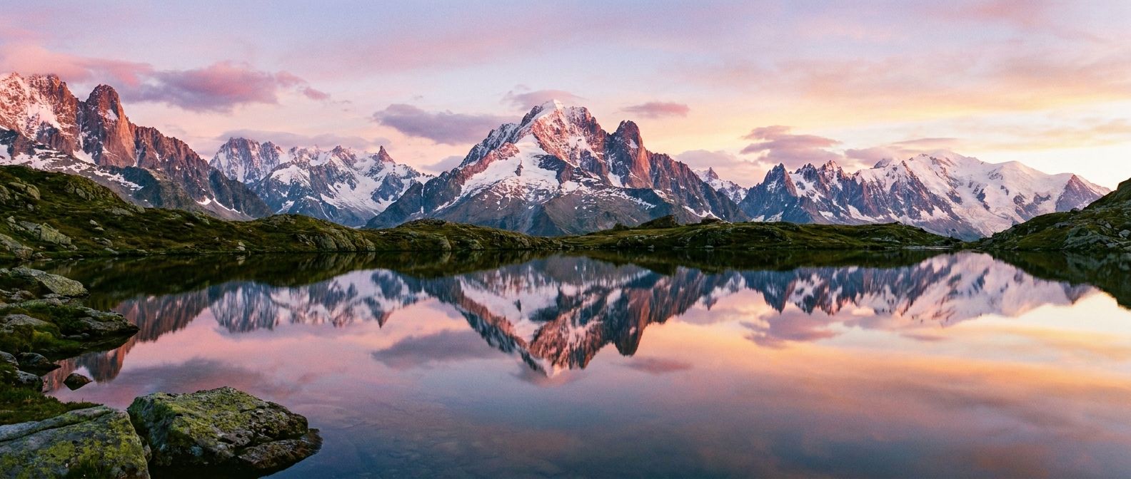 A breathtaking wide shot of a majestic, snow-capped mountain range perfectly reflected in the glass-smooth surface of a pristine alpine lake at dawn. The reflection creates a stunning, identical mirror image, emphasizing symmetry and repetition in a dramatic natural landscape.
