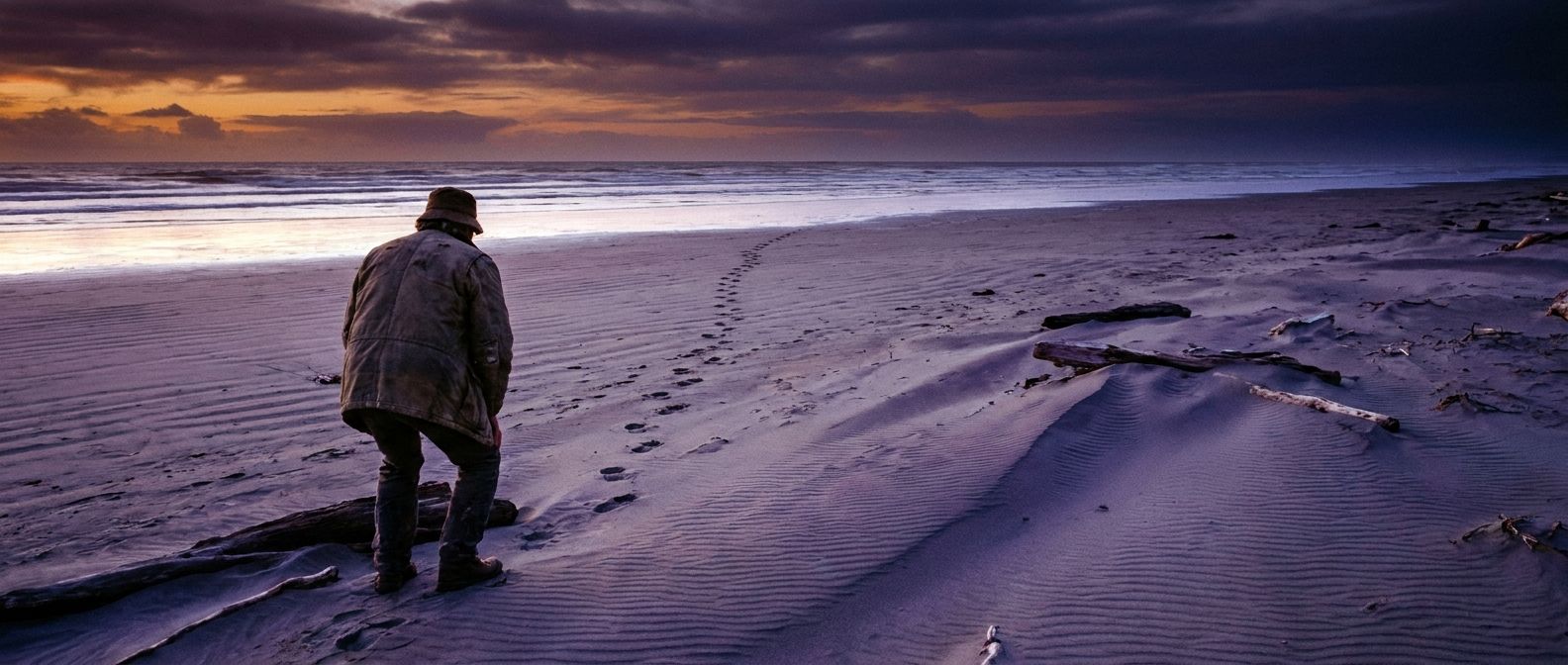 A wide, cinematic photograph of a lone figure standing on a vast, sandy beach at dusk, gazing intently at a series of distinct footprints stretching into the distance towards the receding tide. The soft, ambient twilight casts long shadows, enhancing the mystery and the act of logical deduction from subtle clues.