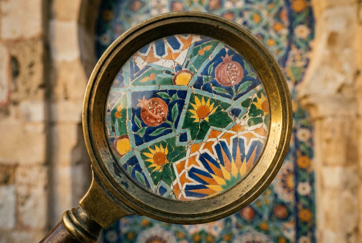A dramatic, close-up photograph of an antique brass magnifying glass, its lens sharply focused on an intricate detail of a vibrant, traditional Spanish mosaic (azulejos) or an ornate architectural carving on an ancient Spanish wall. The background is softly blurred, emphasizing the focused detail. The scene is composed for a 3:2 landscape, bathed in warm, natural light.