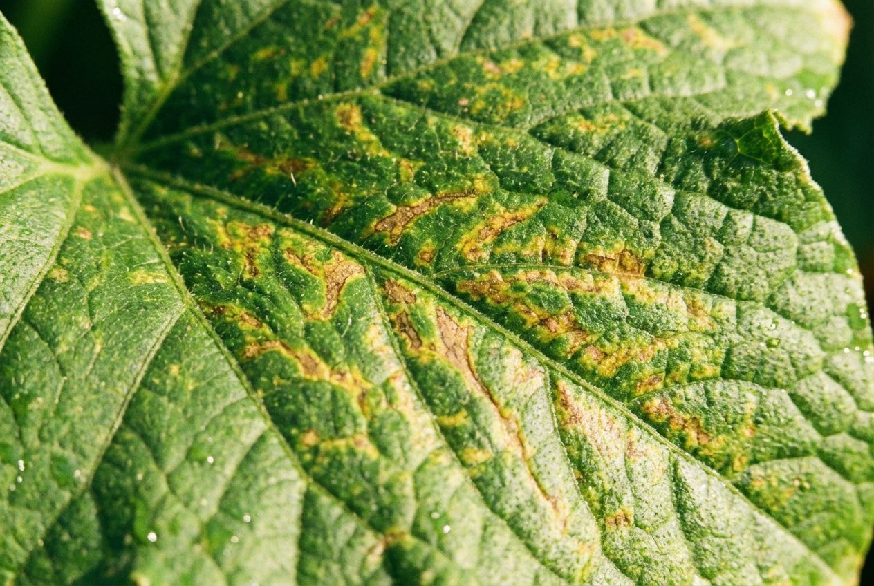 A dramatic close-up, macro photograph of a vibrant green plant leaf, showing a subtle yet distinct mosaic pattern of yellow and brown discolouration spreading across its surface, hinting at a hidden disease. The lighting is soft and natural, emphasizing texture and detail, composed for a 3:2 landscape frame.