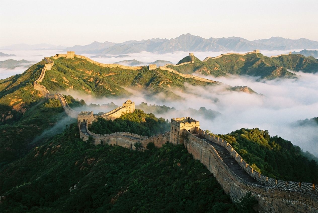 A dramatic wide-angle photograph of the Great Wall of China winding majestically through a range of misty, verdant mountains at dawn, bathed in soft, golden light, captured for a 3:2 landscape frame.