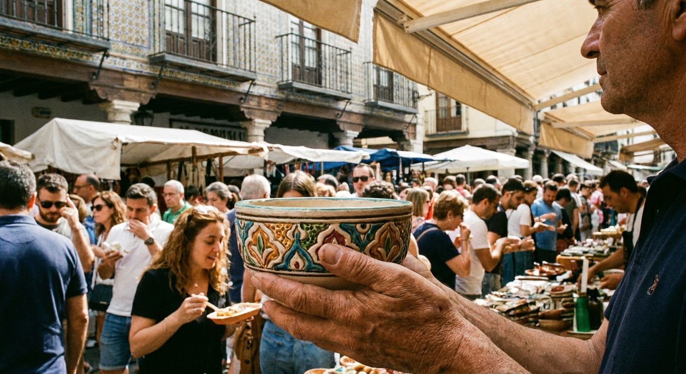 A captivating eye-level photograph of a person's hands holding a unique, handcrafted ceramic piece in a vibrant Spanish market. Their gaze extends beyond the object to a bustling crowd of people and colourful stalls in the mid-distance, with a beautiful, historic Spanish building visible far in the background. The scene is rich with detail and cultural life, captured with a sense of wonder and observation.