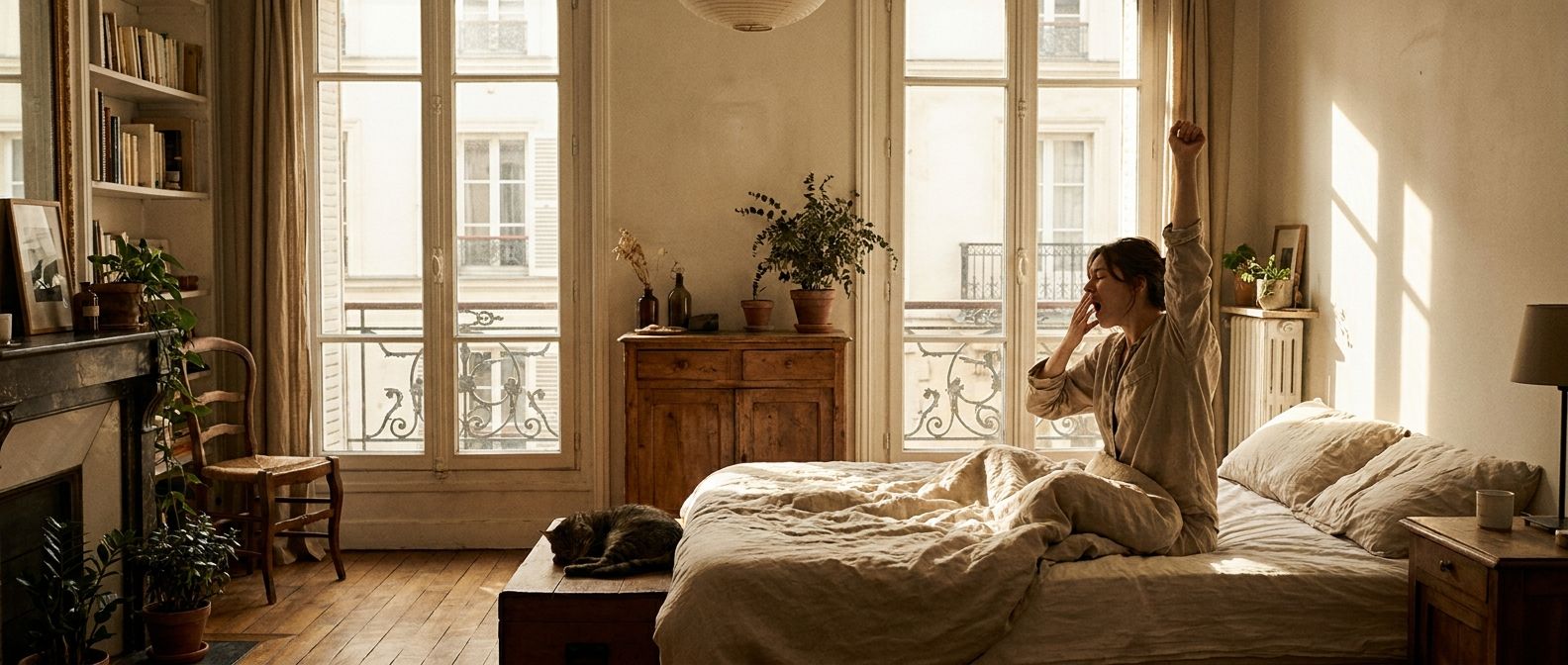 A wide, atmospheric photograph of a person slowly waking up in a sun-drenched bedroom in a classic Parisian apartment, stretching languidly in bed as soft morning light streams through tall windows. The room is elegantly simple, conveying a sense of calm routine and personal reflection.