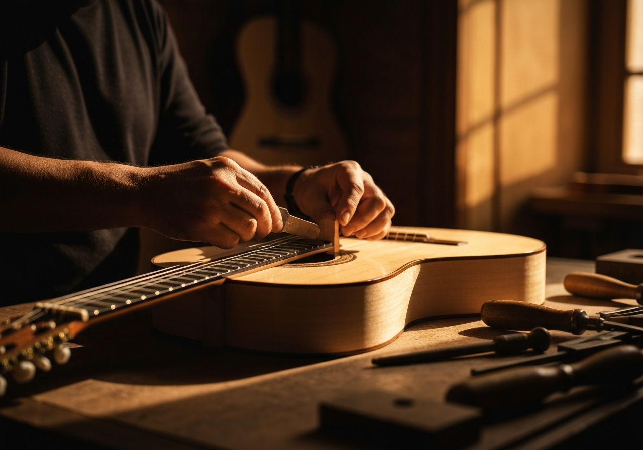 A dramatic, close-up photograph of a skilled Spanish luthier's hands, bathed in warm, golden light, meticulously shaping and assembling the intricate wooden components of a classical guitar in a traditional workshop, conveying the careful construction of complex forms.
