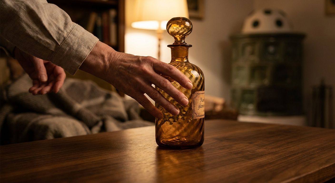 A close-up, dramatic photograph captures elegant hands carefully placing a beautiful, artisanal glass bottle onto a polished wooden surface. The scene is illuminated by warm, soft light, highlighting the precise action and the smooth textures, with a softly blurred background hinting at a cozy, well-appointed German living space.