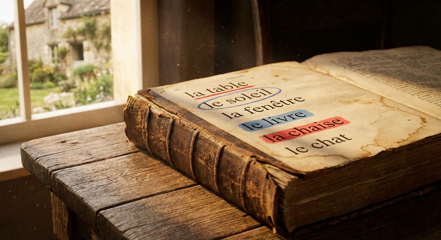 The image is a close-up of an old, weathered book on a rustic wooden table, near a window. The book is open, revealing yellowed pages with French vocabulary words underlined or circled in red and blue ink. The scene has a warm, nostalgic tone with soft, diffused light streaming in from the window, creating a sense of age and history. Outside the window, a blurred view of a stone house and garden is visible. The composition is focused on the book, with the table and window providing context and depth. The style is realistic, emphasizing texture and detail.