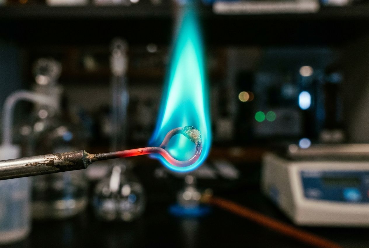 A dramatic close-up photograph of a nichrome wire loop holding a chemical sample, glowing with an intense, vibrant blue-green flame against a dark, blurred laboratory background, composed for a 3:2 landscape frame.